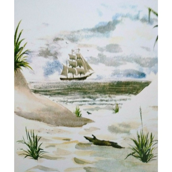 Pirate Ship Art Print Distant Beach Sand Dune Seaside Seascape T Rex Nautical - Picture 4 of 8